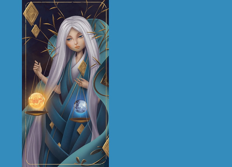 Zodiac ~ Libra, girl, blue, fantasy, libra, zodiac, thong nguyen, balanta, HD wallpaper