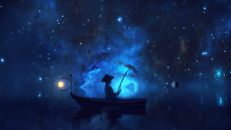 Starlord, moon, luminos, fisher, lake, boat, fantasy, moon, water, planet, surebit, night, fishing, HD wallpaper