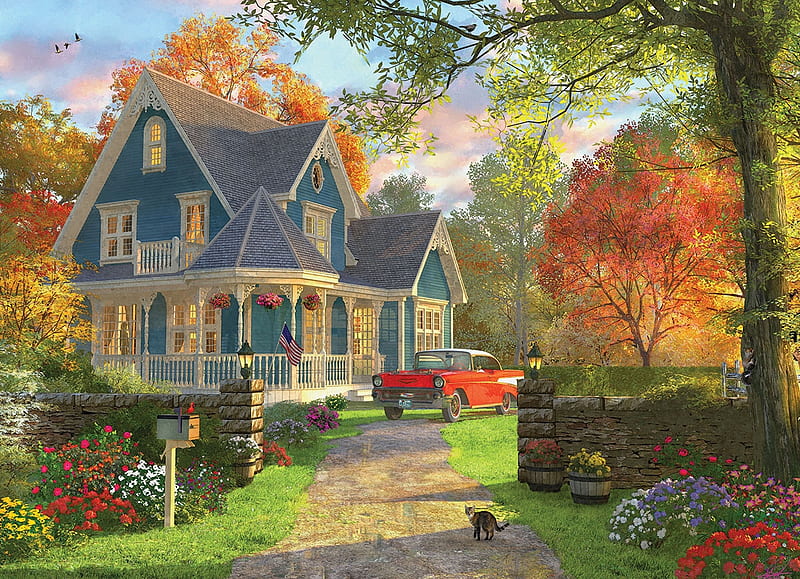 The Blue Country House, autumn, cottage, trees, cat, artwork, flag, car, painting, flowers, vintage, HD wallpaper