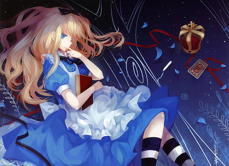 Alice in Wonderland [2], Alice, Anime, Black Ribbon, bonito, Frills, Sweet, Wonderland, Cards, Black and White Socks, Book, Ribbon, Blonde, Long Hair, Girl, White Apron, Blue, Red Ribbon, Crown, Dress, Lovely, Blue Eyes, Dhiea, Fantasy, Child, Blue dress and Eyes, Red Book, Clever, Wind, Magical, Stare, Blue Dress, Mysterious, HD wallpaper