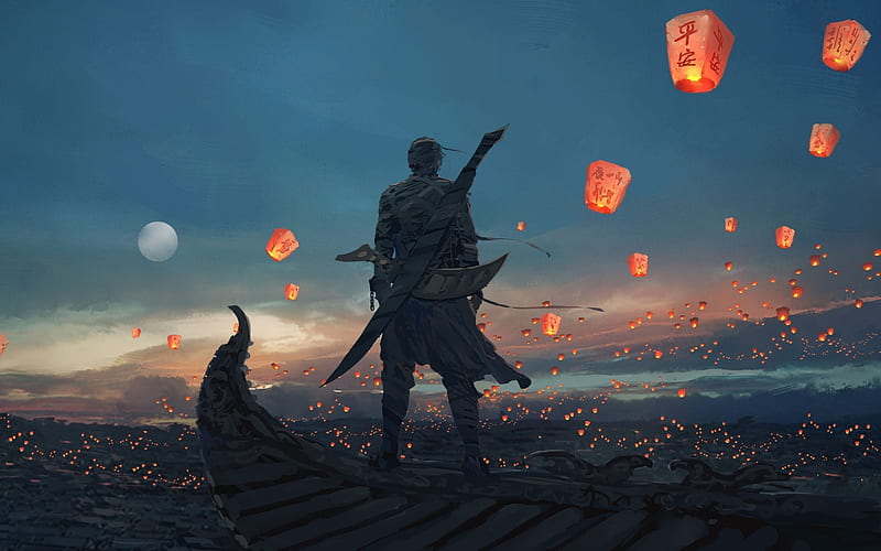 Chinese lanterns, art, wlop, fantasy, luminos, lantern, man, silhouette, HD wallpaper