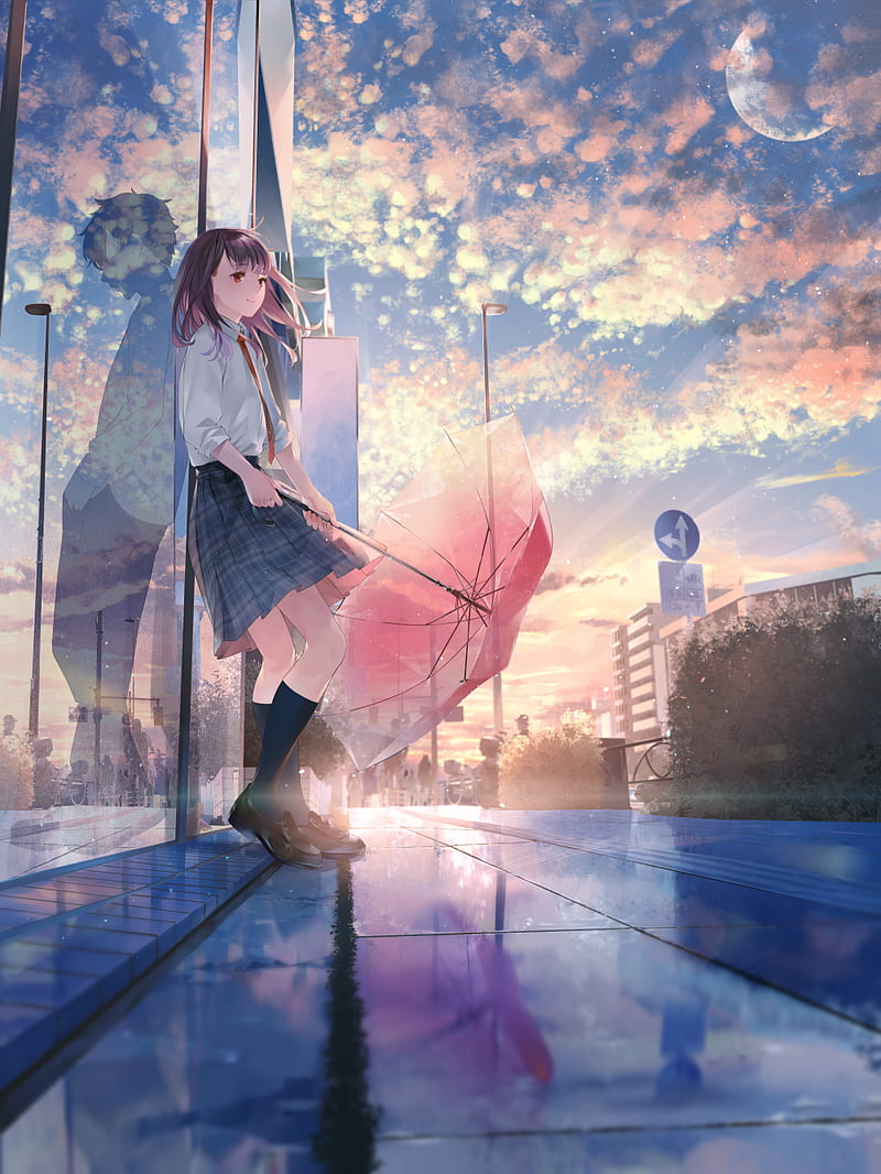 anime girls, umbrella, leaning, reflection, sky, school uniform, Sousou, moescape, HD phone wallpaper
