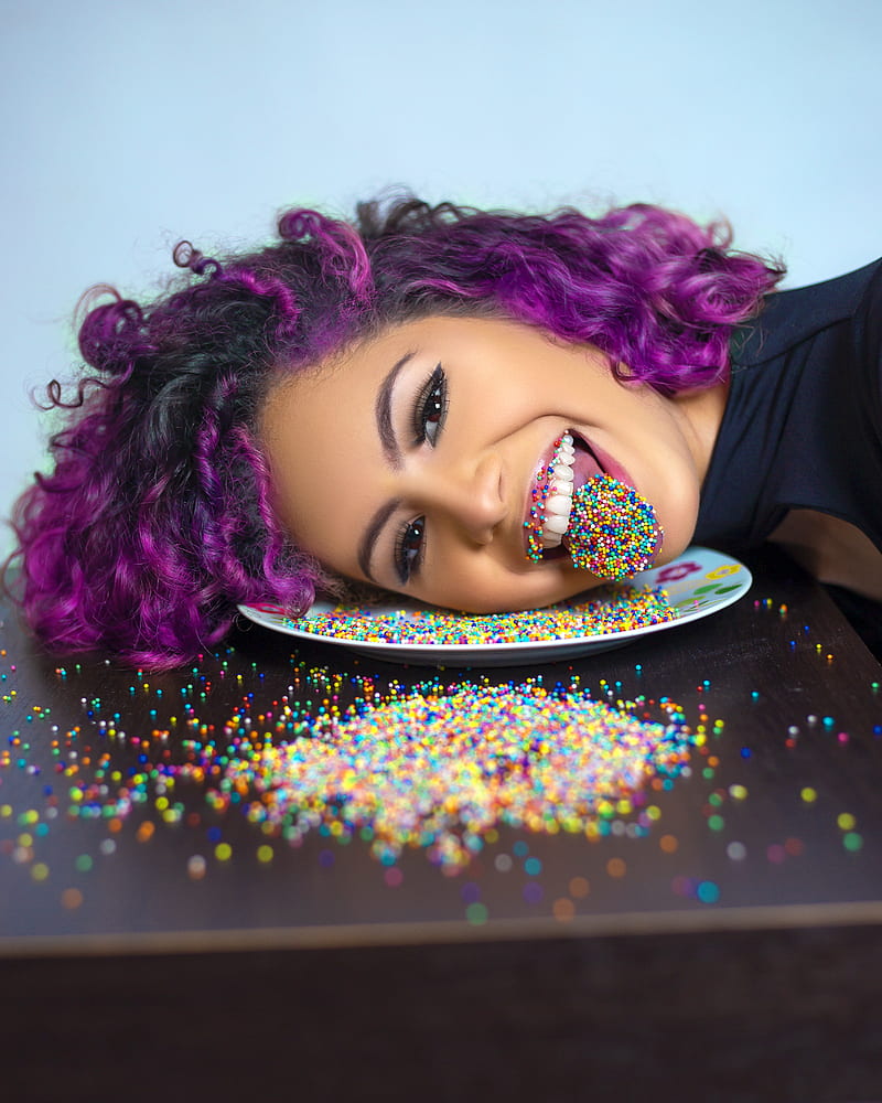 Emotional woman with sprinkles on tongue, HD phone wallpaper