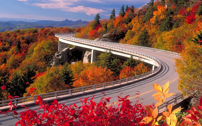 Winding Bridge through the mountains, fall, scenic, roads, bridge, colours, bonito, HD wallpaper