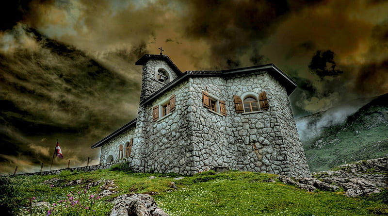 wonderful stone church in the mountains r, stones, mountains, r, church, clouds, flag, HD wallpaper