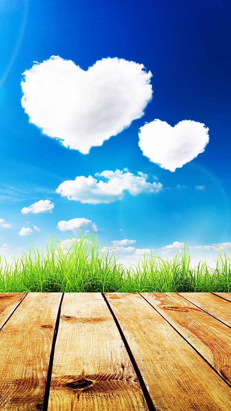 heart shape clouds, grass, sky, wood, HD phone wallpaper