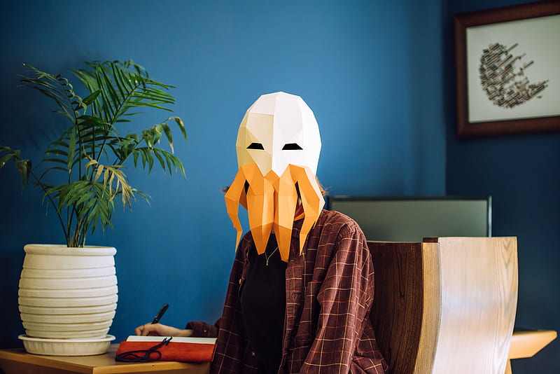 man, mask, polygon, octopus, room, HD wallpaper