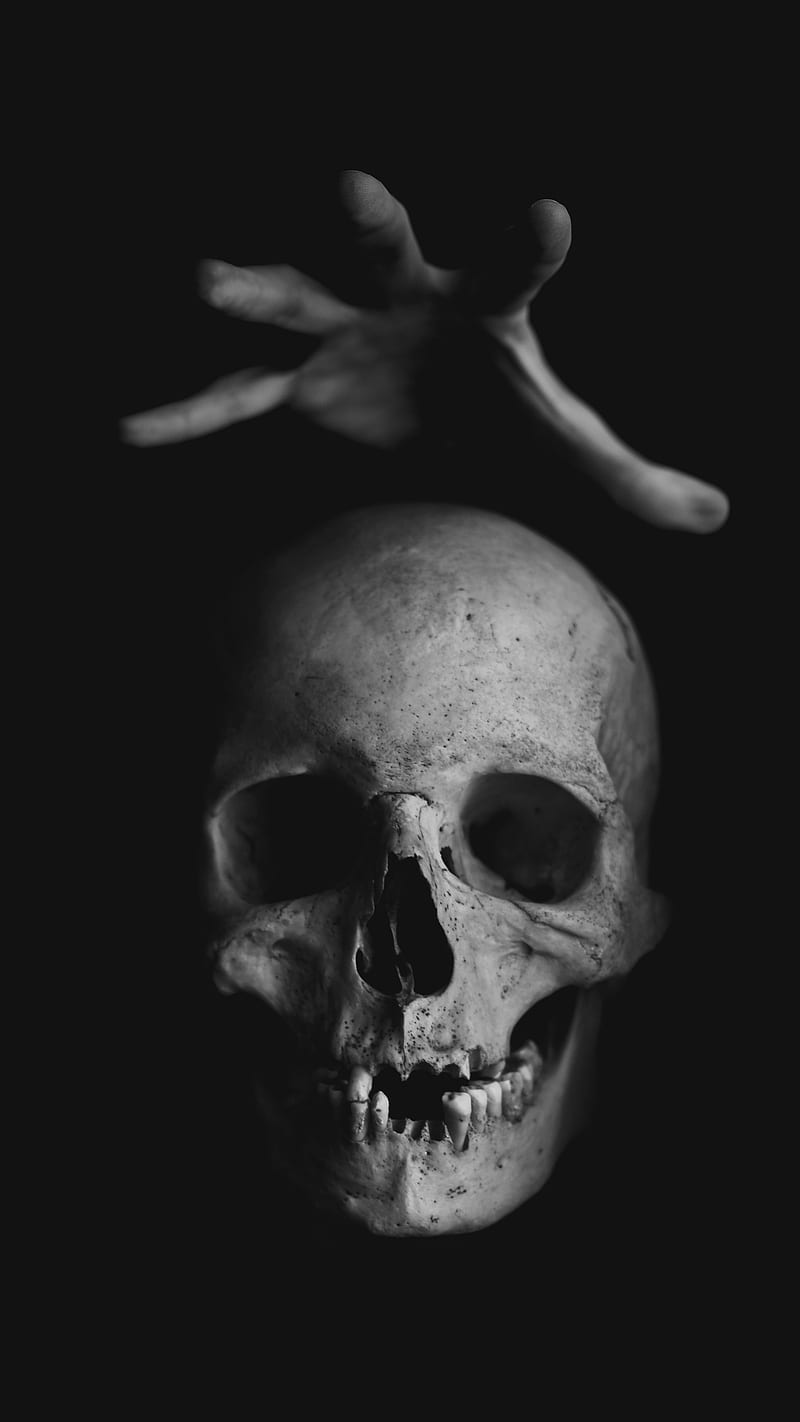 handy skull, black and white, bone, bones, dark, gloomy, grunge, hand, handy, horror, mysterious, puppet, sKulls, skull, HD phone wallpaper