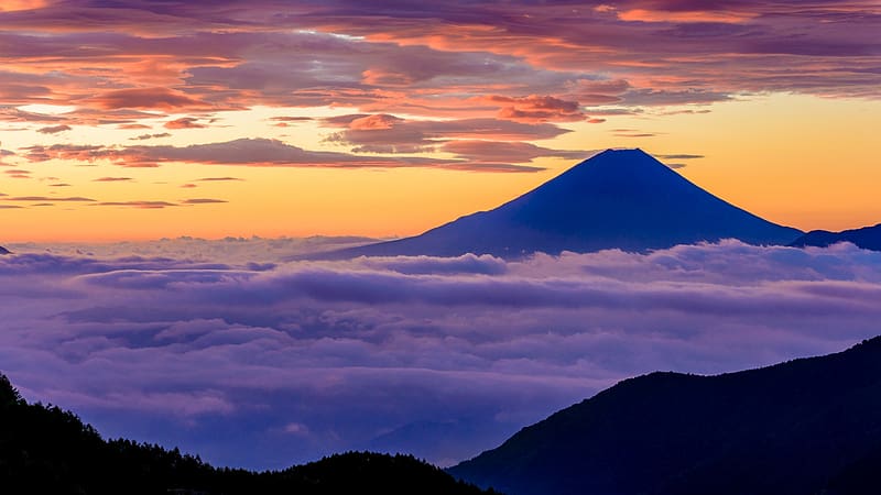 Mount Fuji, Honshu, Japan, sky, fog, volcano, clouds, colors, sunset, HD wallpaper
