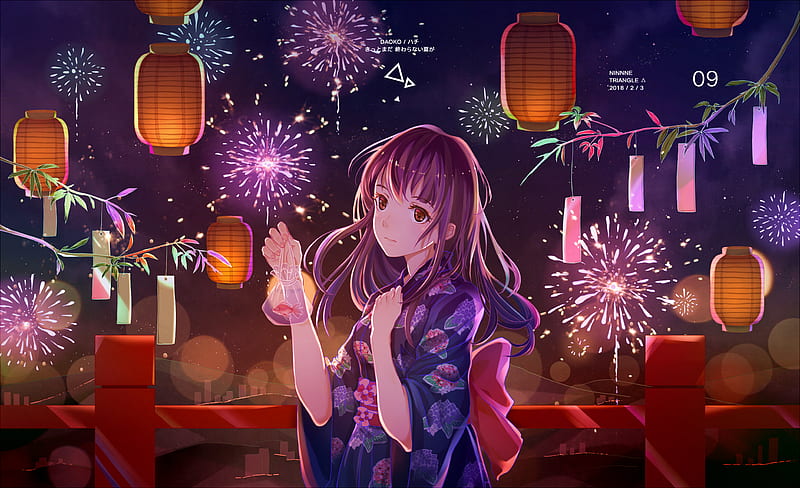 Anime, Uchiage Hanabi, Shita kara Miru ka? Yoko kara Miru ka?, Fireworks, Girl, Kimono, Lantern, Nazuna Oikawa, HD wallpaper