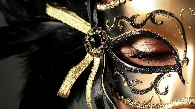 Hiding Behind a Mask, Mardi Gras, eyes, mask, woman, sexy, Firefox theme, hide, New Orleans, goth, gold, gothic, HD wallpaper