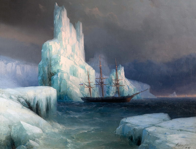 Mountains in Antarctica, water, painting, ice, pictura, ivan aivazovsky,  winter, HD wallpaper | Peakpx