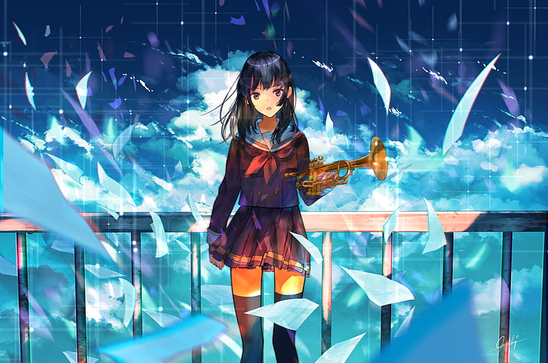 Anime, Sound! Euphonium, Black Hair, Girl, Instrument, Reina Kousaka, School Uniform, Skirt, HD wallpaper