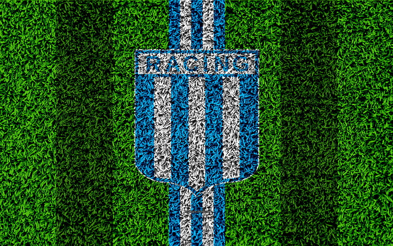 Racing Club FC football lawn, logo, Argentinian football club, grass texture, blue white lines, Superliga, Avellaneda, Argentina, football, Argentine Primera Division, Superleague, Racing Club de Avellaneda, HD wallpaper