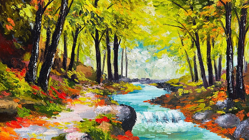 Autumn Watercolor, stream, colorful, fall, art, autumn, creek, leaves,  painting, HD wallpaper | Peakpx