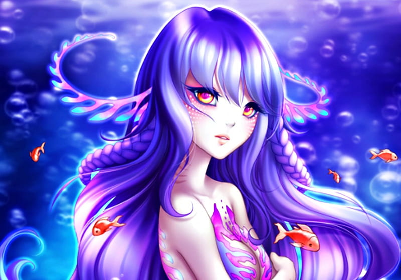 Mermaid, hitana, underwater, fish, manga, girl, purple, anime, jellyfish, pink, blue, HD wallpaper