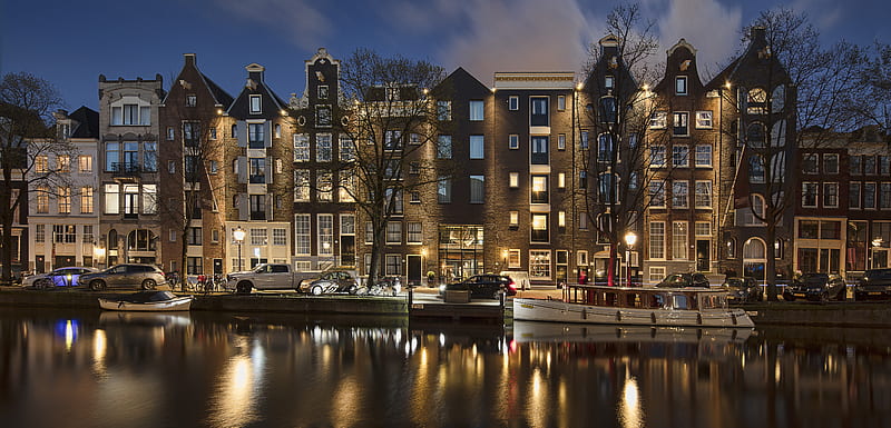 Cities, Amsterdam, Boat, Building, Canal, Car, City, Hotel, Netherlands, Night, HD wallpaper