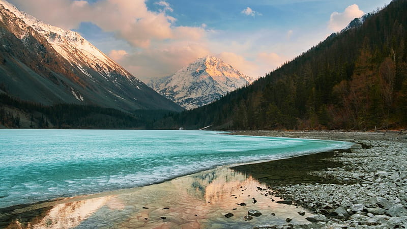 icy kucheria in siberia, shore, mountains, forozen, clouds, lake, HD wallpaper