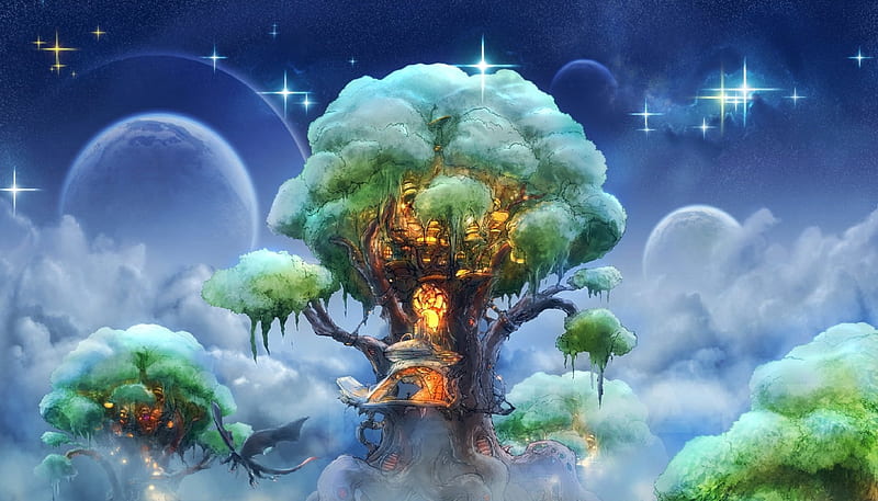 Fantasy TreeHouse, treehouse, stars, water, fantasy, HD wallpaper
