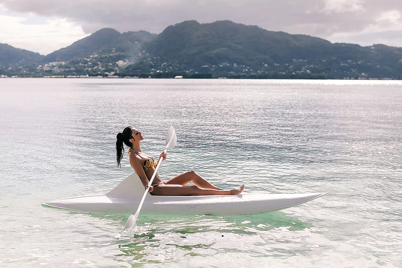 Aurela Skandaj in a Paddle Boat, boat, bikini, model, brunette, lake, HD wallpaper