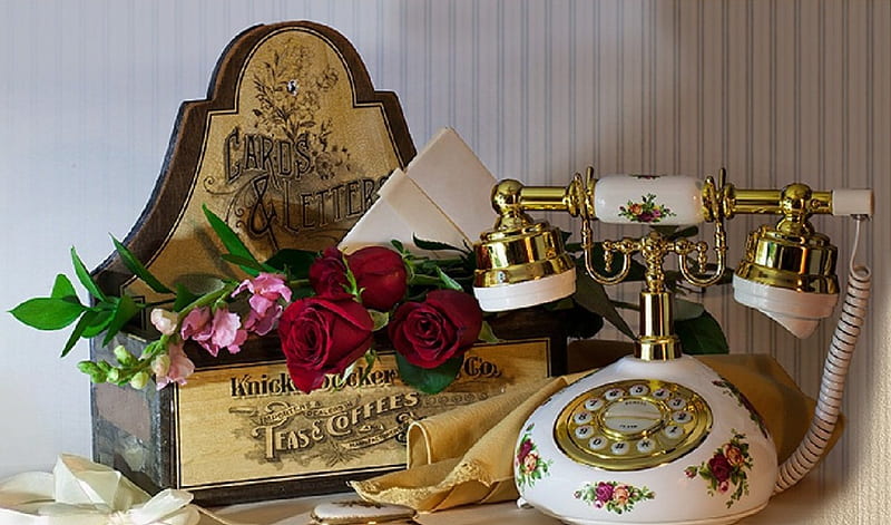 beautiful old things, red roses, still life, old things, phone, bonito, tea box, HD wallpaper