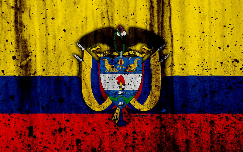 Colombian flag grunge, flag of Colombia, South America, Colombia, national symbols, coat of arms of Colombia, Colombian coat of arms, Colombia national emblem, HD wallpaper