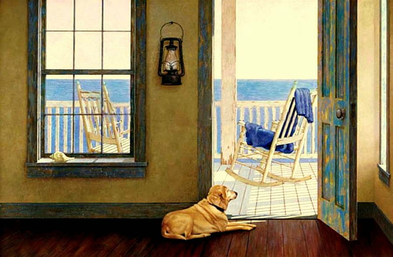 Hanging Out, golden lab, house, window, cottage, labrador, ocean, door, sea, water, porch, railing, chairs, rocking chairs, dog, HD wallpaper