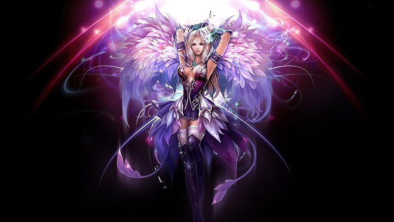 Purple Angel, pretty, fantasy, wings, purple, girl, angel, orginal, HD wallpaper