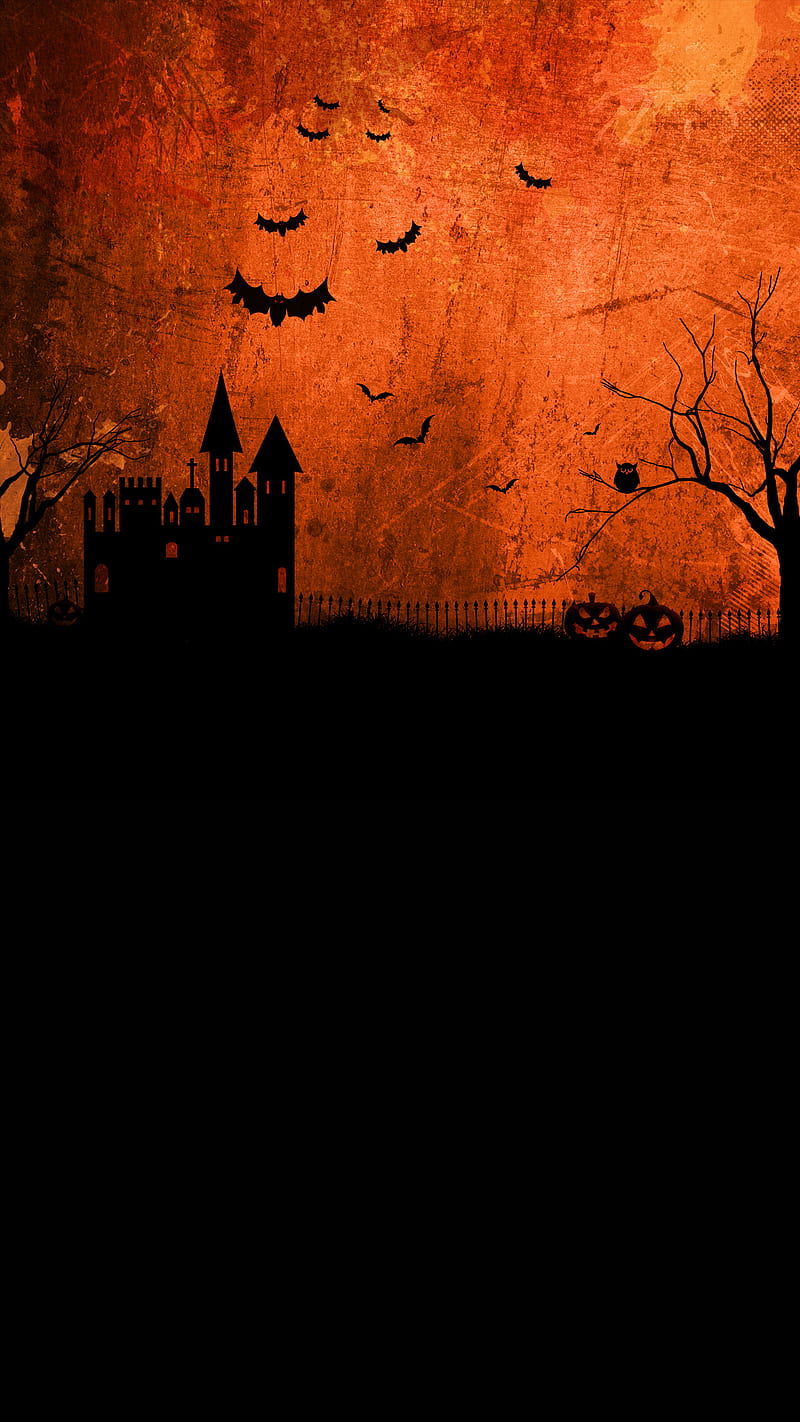 Halloween Night Grunge, Kiss, birds, black, castle, dress, haunted house, orange, pumpkins, HD phone wallpaper