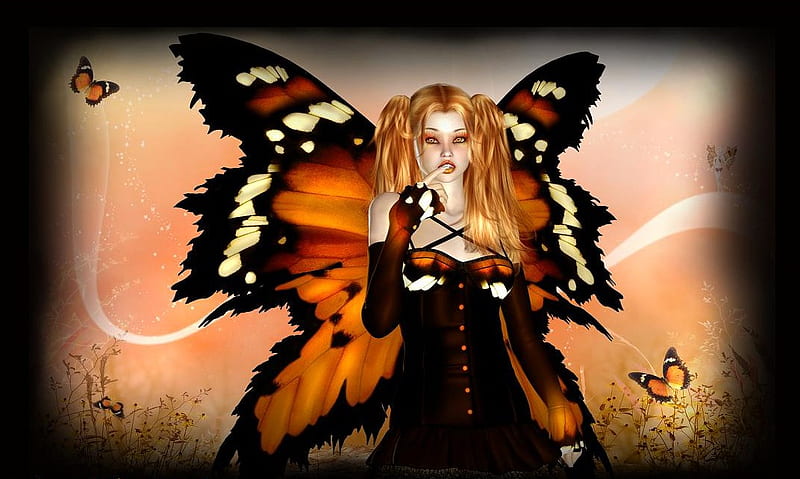 Butterfly Faerie, faerie, butterfly, girl, cg, monarch, HD wallpaper