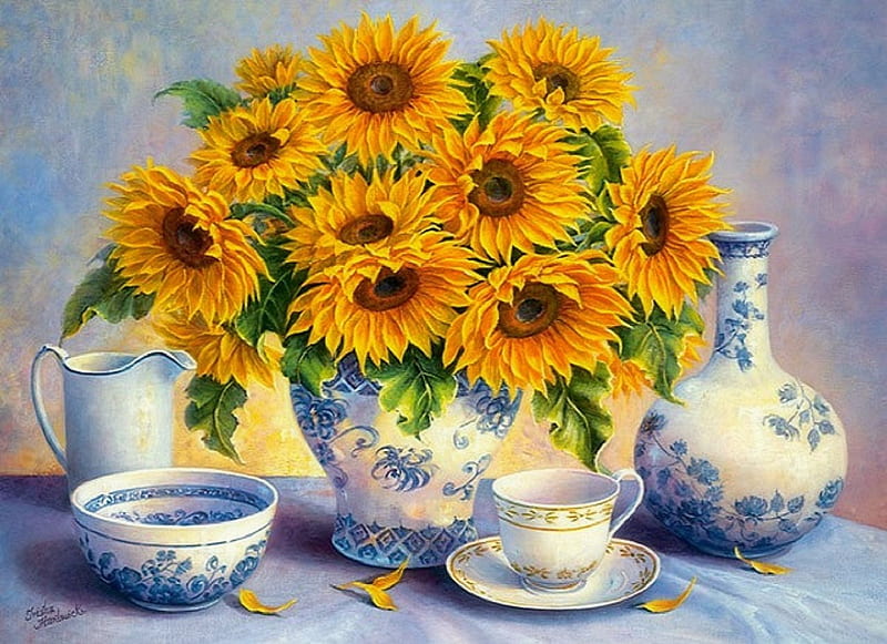 .G o l d e n., pretty, draw and paint, lovely, golden, love four seasons, yellow, vase, bonito, attractions in dreams, still life, paintings, sunflowers, flowers, nature, cups, HD wallpaper