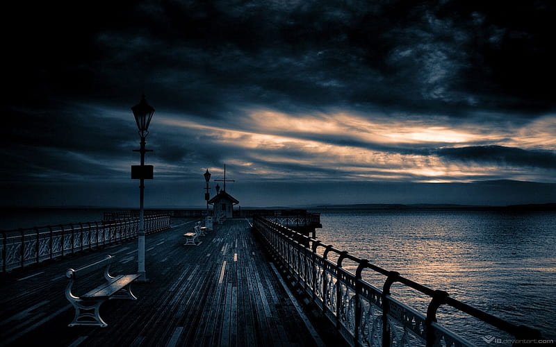 Black Pier at Night, pier, colors, black, abstract, sea, fantasy, sunrise, montage, reflections, pink, night, HD wallpaper