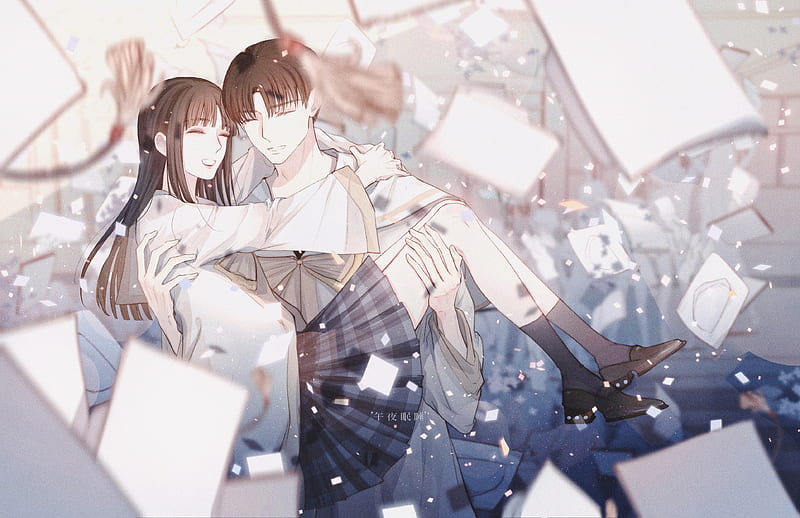 anime couple, smiling, romance, papers, school uniform, Anime, HD wallpaper