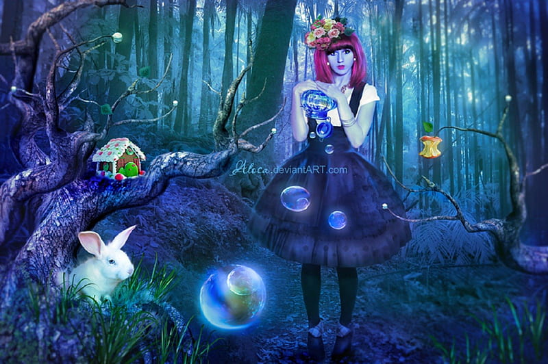 Like the Alice, branch trees, grass, conceptual, softness beauty, digital art, blue glasses, beautiful girls, manipulation, flowers, forests, animals, rabbit, female, model, blue dreams, love four seasons, creative pre-made, trees, weird things people wear, backgrounds, HD wallpaper