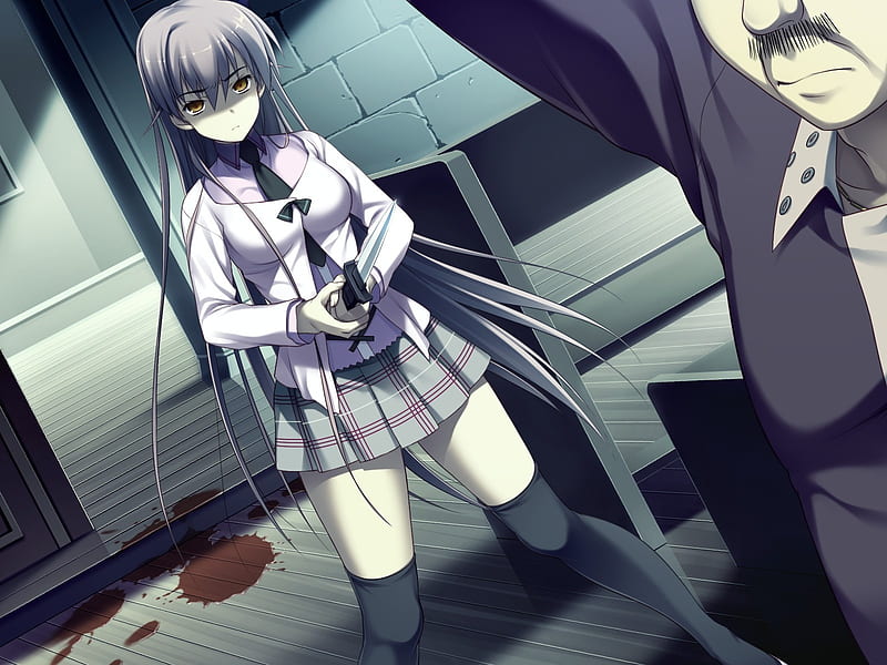 Rebirth Session, game cg, skirt, knife, blood, thighhighs, cool, girl, anime, weapon, id, HD wallpaper