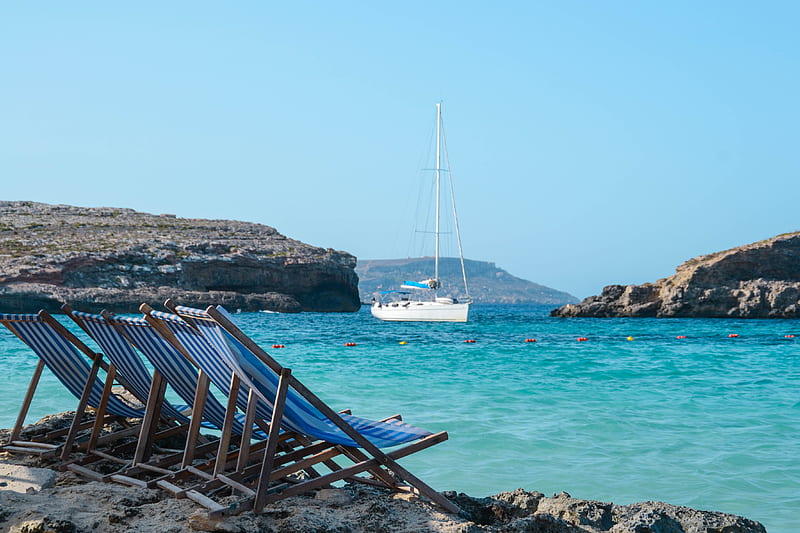 deck chairs, sea, boat, rocks, HD wallpaper