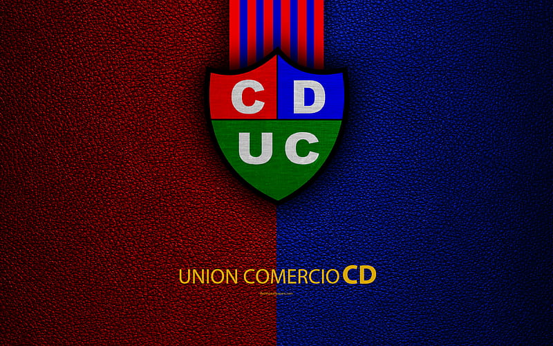 CD Union Comercio logo, leather texture, Peruvian football club, emblem, blue red lines, Peruvian Primera Division, Nueva Cajamarca, Peru, football, HD wallpaper