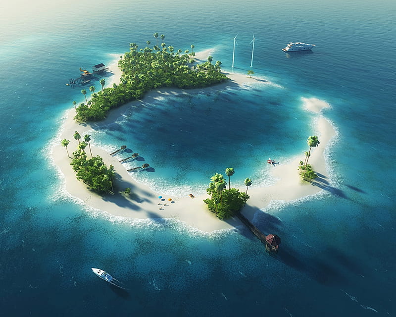 Tropics sea, Palm trees, Sea, Graphic, Motorboat, Island, HD wallpaper