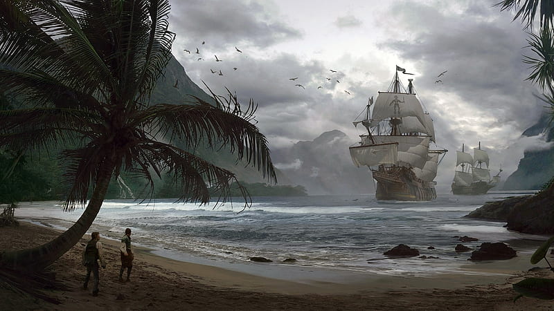 Pirates, beach, adrian marc, art, fantasy, ship, luminos, sea, palm tree, HD wallpaper