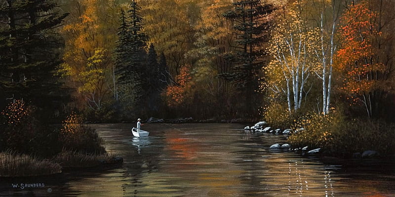 Autumn Stillness, fall, autumn, leaves, boat, painting, river, trees, artwork, HD wallpaper