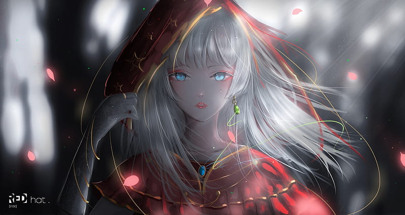 pretty anime girl, white hair, blue eyes, gloves, earring, red hood, petals, Anime, HD wallpaper