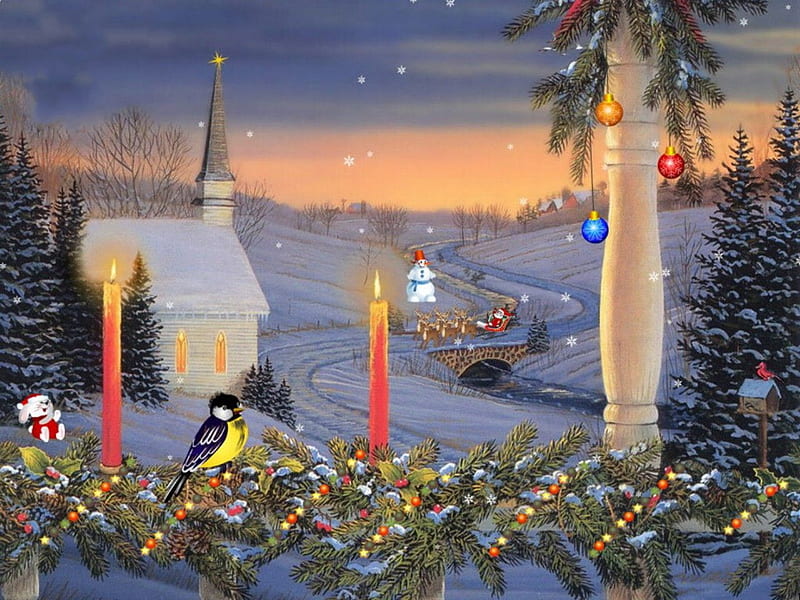 CHRISTMAS CANDLES, christmas, birds, church, snowman, lights, candles, santa, snow, snowflakes, HD wallpaper
