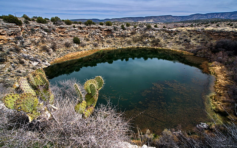 Spring Fed Oasis in the Arizona Desert, Montezuma's Well National Monument, sky, usa, cactus, pond, stones, mountains, HD wallpaper