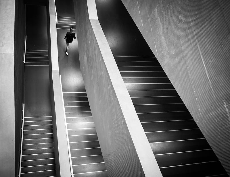 stairs, person, bw, minimalism, HD wallpaper