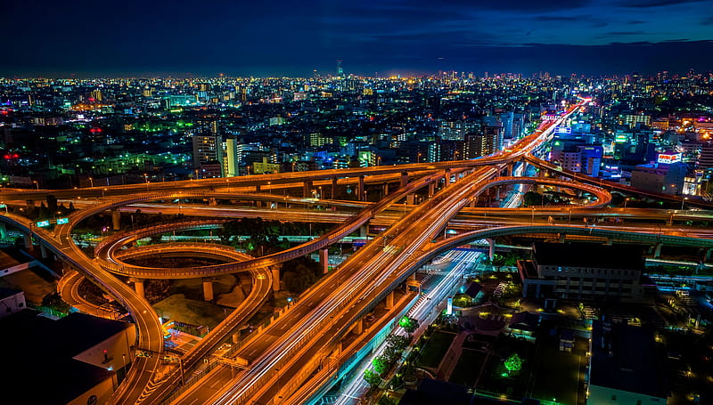 Transportation for Millions, Highway, Osaka, japan, orange, cityscape, striking, lights, skyscrapers, Interchange, road, HD wallpaper