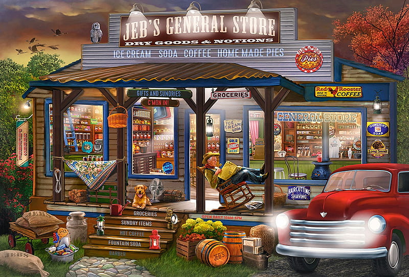 Jeb's General Store, groceries, car, owl, shop, painting, cabin, artwork, HD wallpaper
