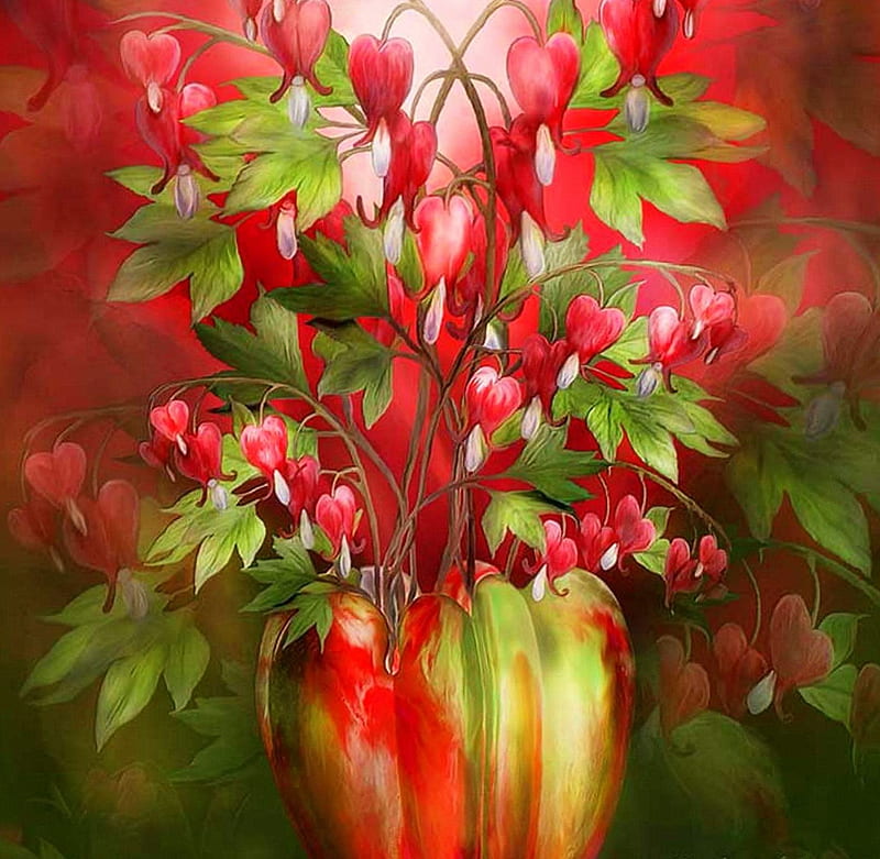 ✫Bleeding Heart in Vase✫, bleeding heart, red, pretty, designs, scents, charm, vase, bonito, fragrance, sweet, leaves, blossom, gentle, green, decorations, flowers, beauty, pink, blooms, lovely, colors, buds, softness, cute, cool, purple, tender touch, nature, petals, HD wallpaper
