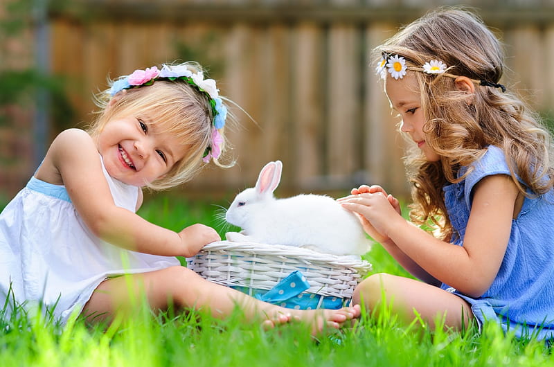 Cute girls, rabbit, grass, basket, children, flowers, bunny, girls, kids, HD wallpaper