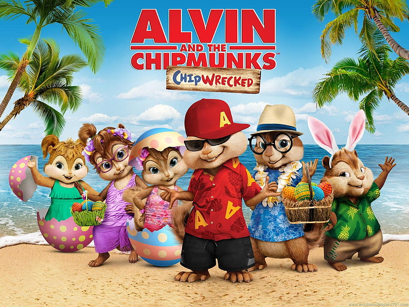 Alvin and the Chipmunks: Chipwrecked (2011), poster, chipwrecked, veverita, squirrel, movie, ears, easter, animal, beach, egg, bunny, funny, alvin and the chipmunks, HD wallpaper