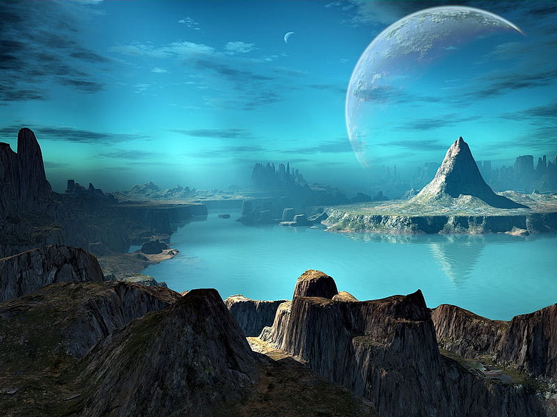 Alien world, rock formations, moon, water, blue sky, clouds, HD ...